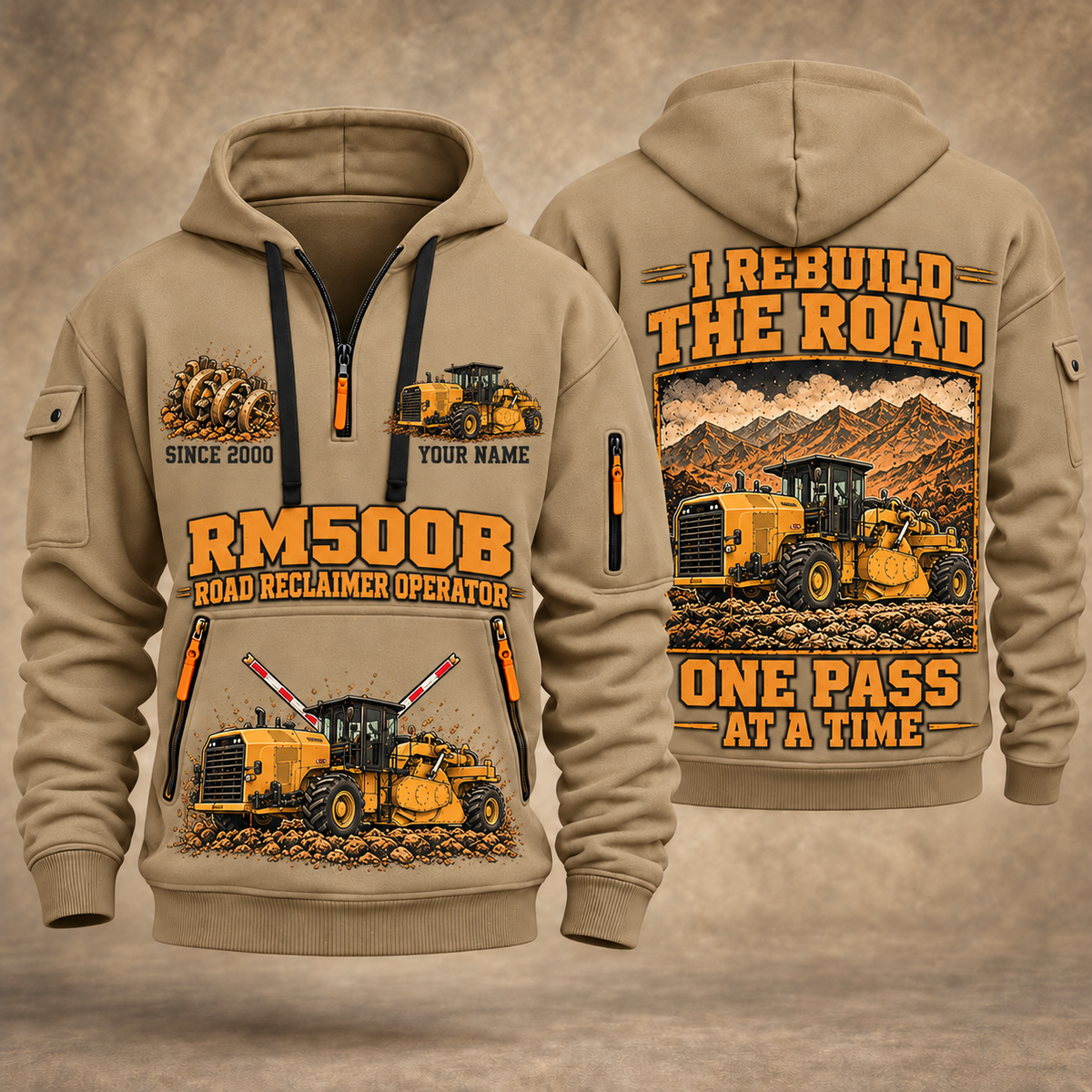 RM500B Road Reclaimer Operator quarter zip hoodie in Khaki, front and back views, sample YOUR NAME and SINCE 2000 artwork
