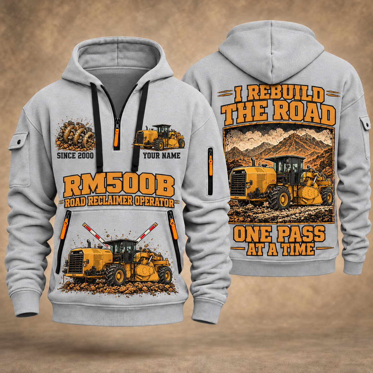 RM500B Road Reclaimer Operator quarter zip hoodie in Light Grey, front and back views, sample YOUR NAME and SINCE 2000 artwork