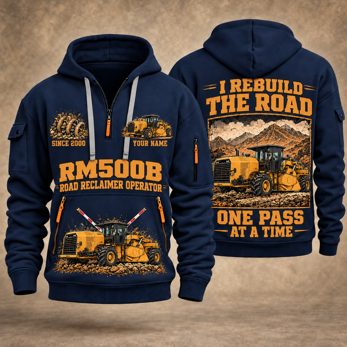 RM500B Road Reclaimer Operator quarter zip hoodie in Navy, front and back views, sample YOUR NAME and SINCE 2000 artwork