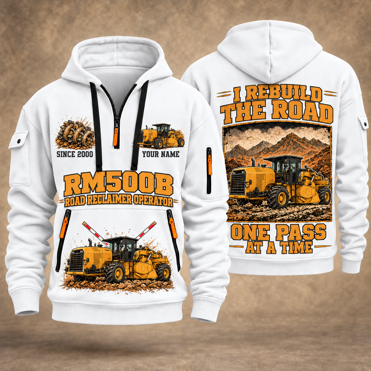 RM500B Road Reclaimer Operator quarter zip hoodie in White, front and back views, sample YOUR NAME and SINCE 2000 artwork