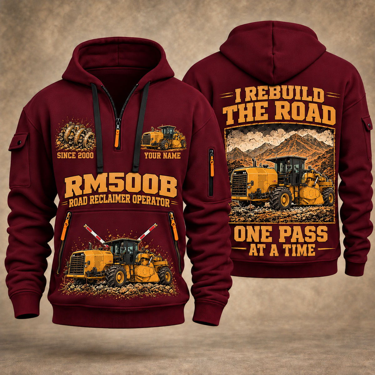 RM500B Road Reclaimer Operator quarter zip hoodie in Wine Red, front and back views, sample YOUR NAME and SINCE 2000 artwork