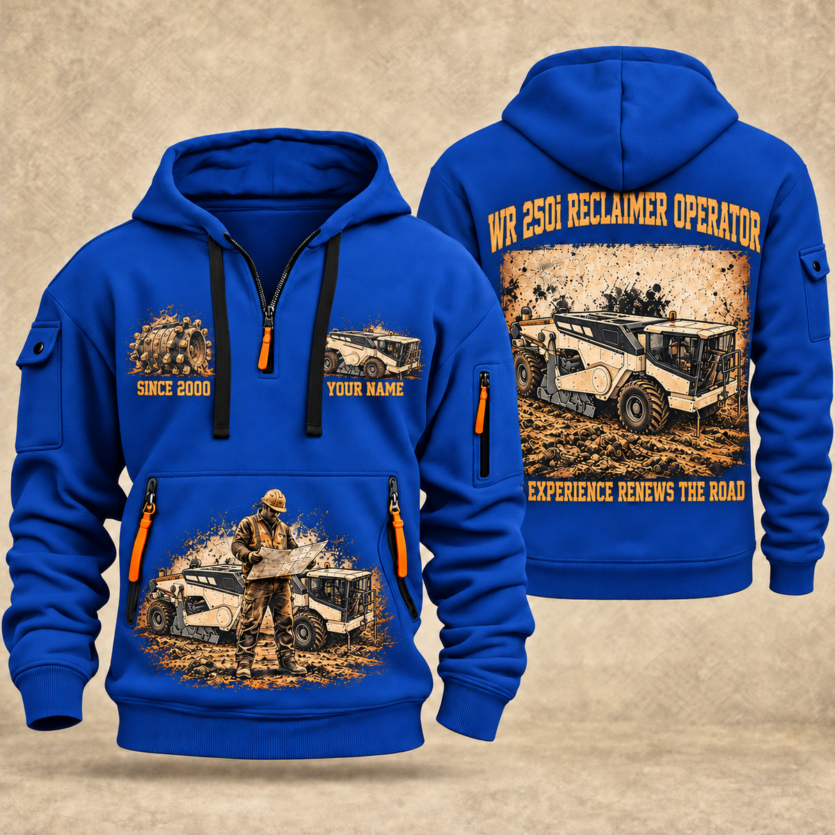 WR 250i Road Reclaimer Operator quarter zip hoodie in Blue, front and back views, sample YOUR NAME and SINCE 2000 artwork