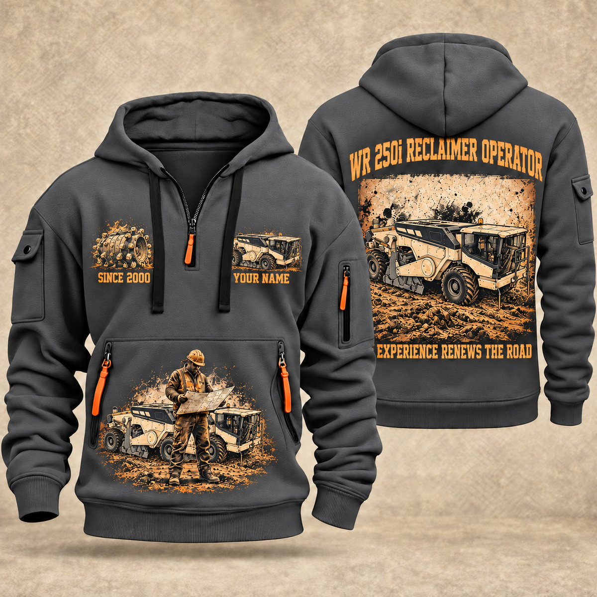 WR 250i Road Reclaimer Operator quarter zip hoodie in Gray, front and back views, sample YOUR NAME and SINCE 2000 artwork