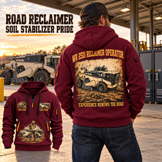 WR 250i Road Reclaimer Operator quarter zip hoodie in Wine Red, adult lifestyle portrait showing front and back artwork