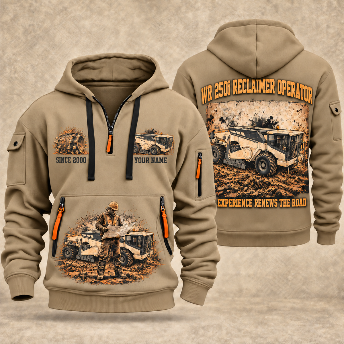 WR 250i Road Reclaimer Operator quarter zip hoodie in Khaki, front and back views, sample YOUR NAME and SINCE 2000 artwork