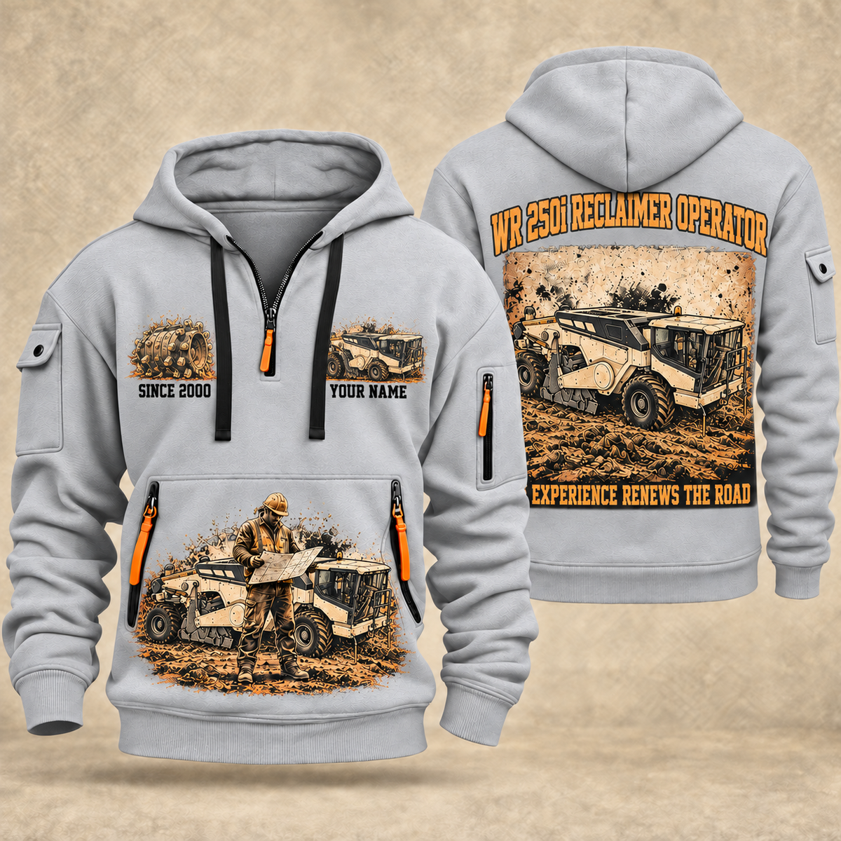WR 250i Road Reclaimer Operator quarter zip hoodie in Light Grey, front and back views, sample YOUR NAME and SINCE 2000 artwork