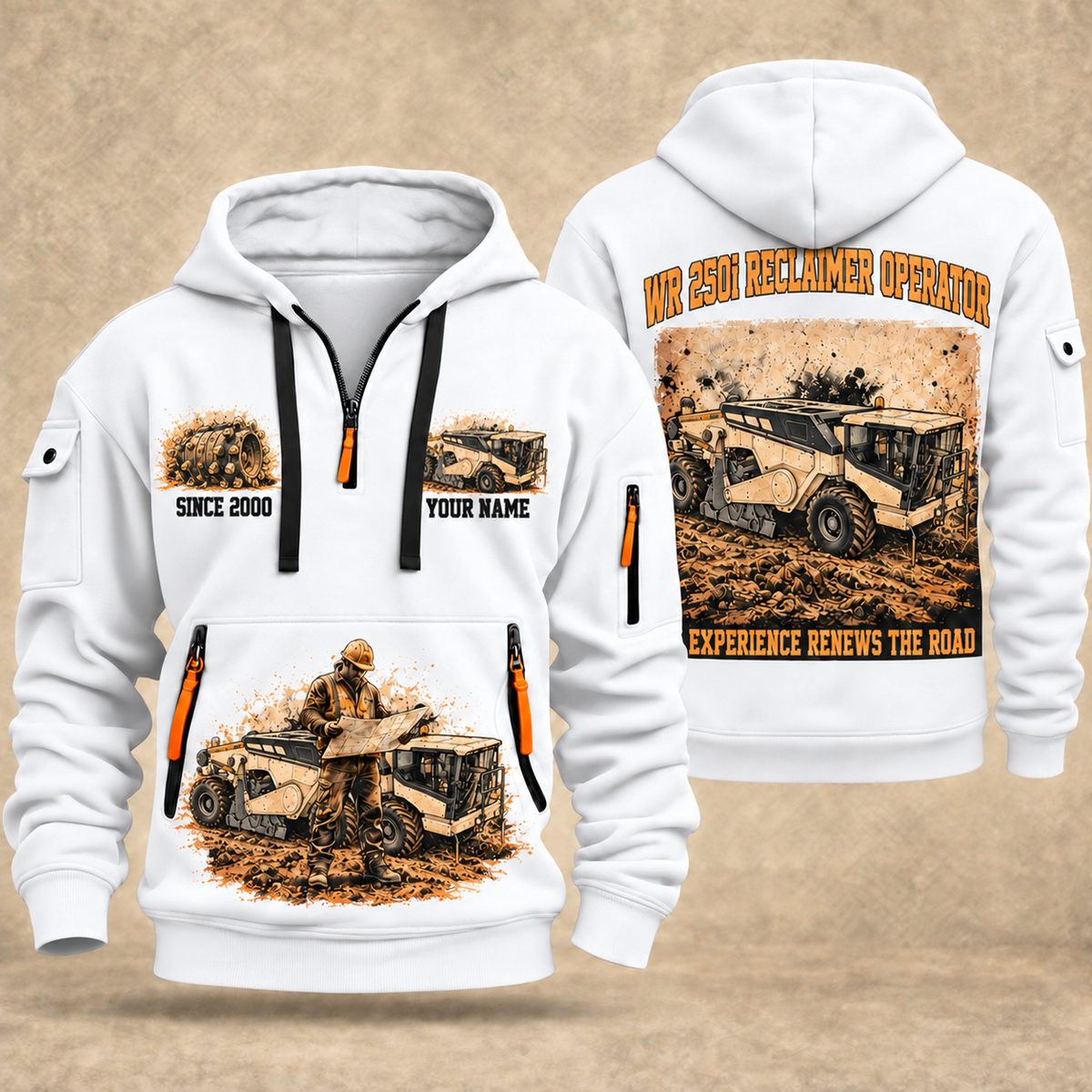 WR 250i Road Reclaimer Operator quarter zip hoodie in White, front and back views, sample YOUR NAME and SINCE 2000 artwork