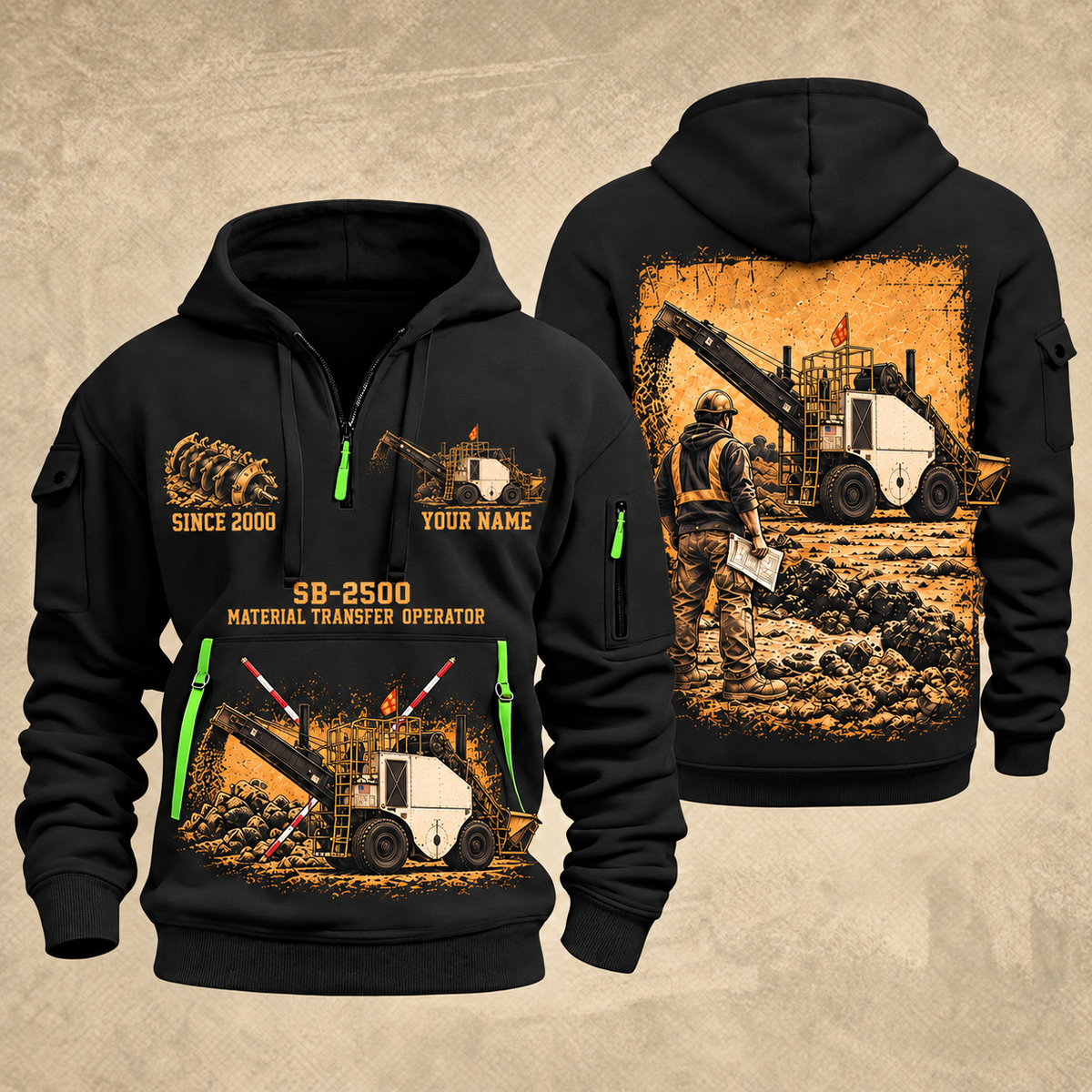 SB-2500 Material Transfer Vehicle Operator quarter zip hoodie in Black, front and back views, sample YOUR NAME and SINCE 2000 artwork