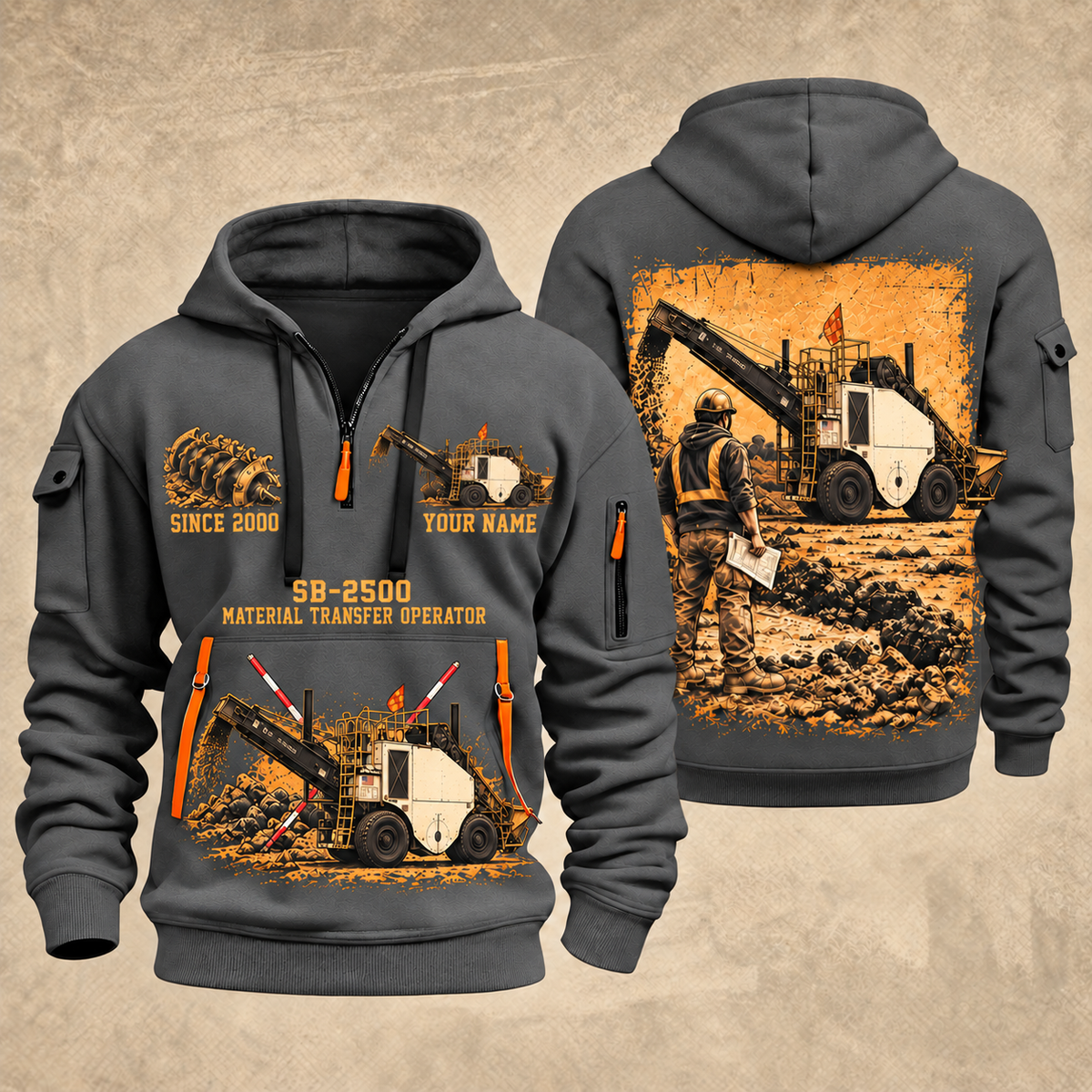 SB-2500 Material Transfer Vehicle Operator quarter zip hoodie in Gray, front and back views, sample YOUR NAME and SINCE 2000 artwork