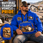 SB-2500 Material Transfer Vehicle Operator quarter zip hoodie in Blue, adult lifestyle portrait showing front and back artwork
