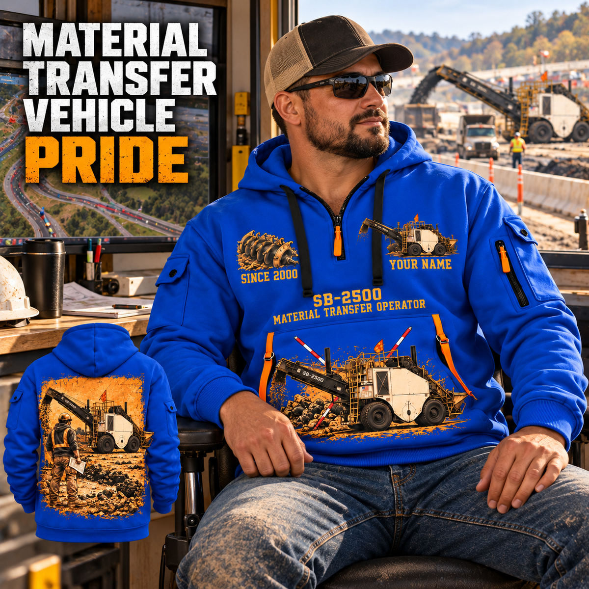 SB-2500 Material Transfer Vehicle Operator quarter zip hoodie in Blue, adult lifestyle portrait showing front and back artwork