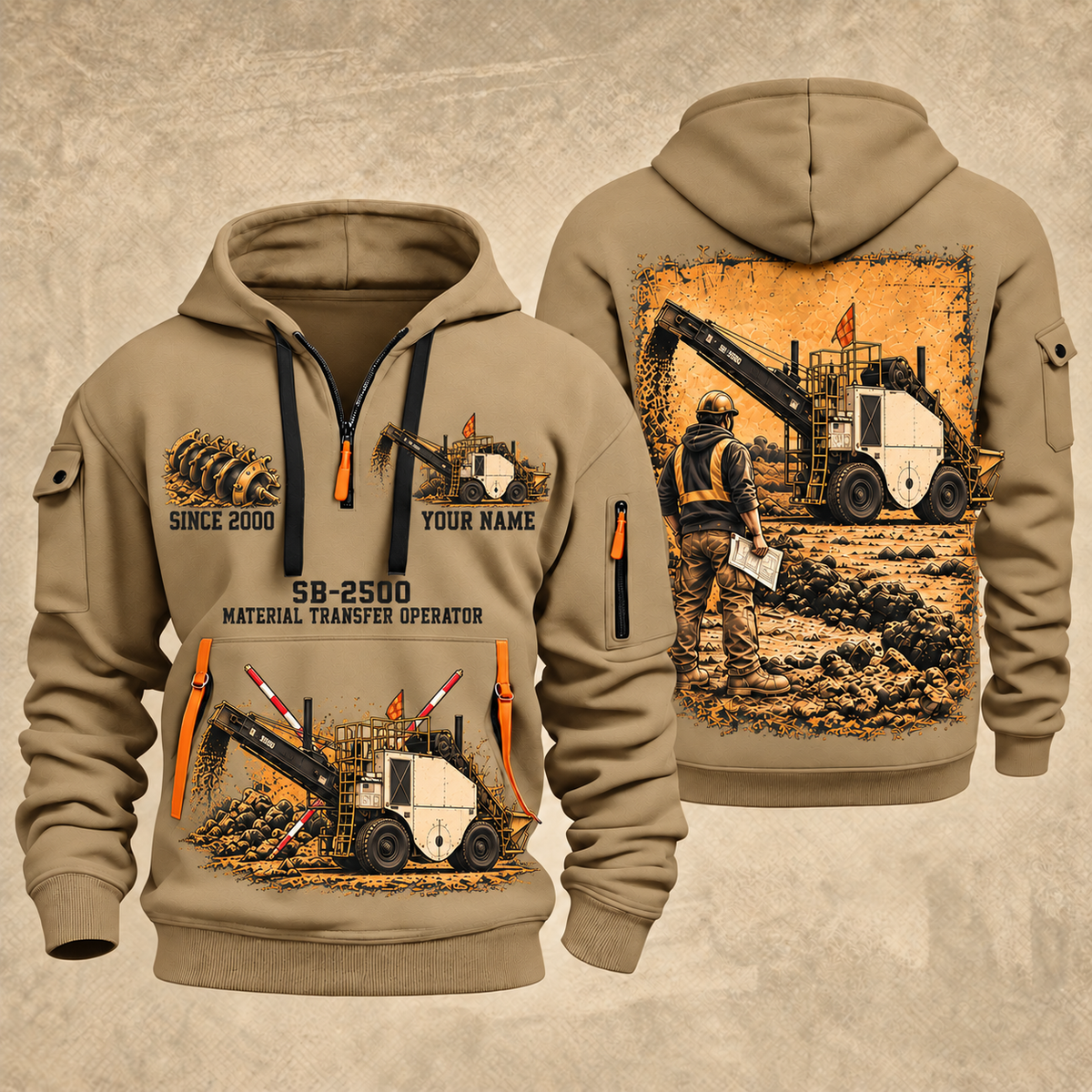 SB-2500 Material Transfer Vehicle Operator quarter zip hoodie in Khaki, front and back views, sample YOUR NAME and SINCE 2000 artwork