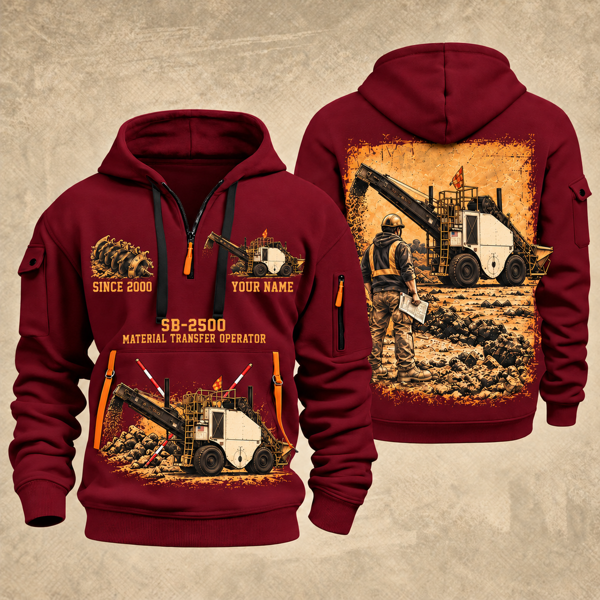 SB-2500 Material Transfer Vehicle Operator quarter zip hoodie in Wine Red, front and back views, sample YOUR NAME and SINCE 2000 artwork