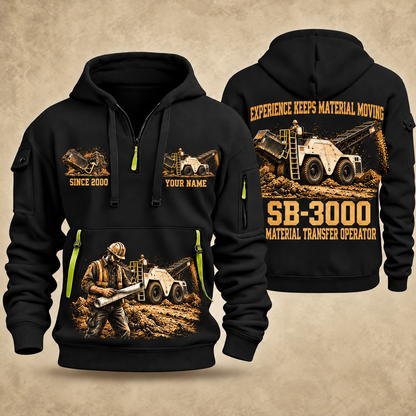 SB-3000 Material Transfer Vehicle Operator quarter zip hoodie in Black, front and back views, sample YOUR NAME and SINCE 2000 artwork