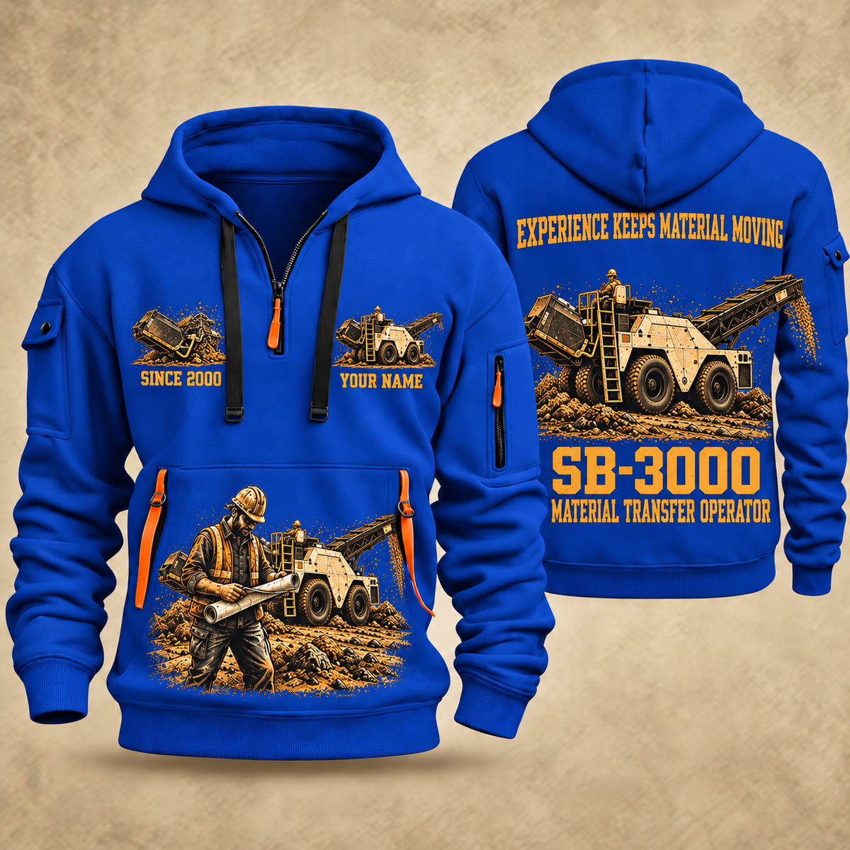 SB-3000 Material Transfer Vehicle Operator quarter zip hoodie in Blue, front and back views, sample YOUR NAME and SINCE 2000 artwork