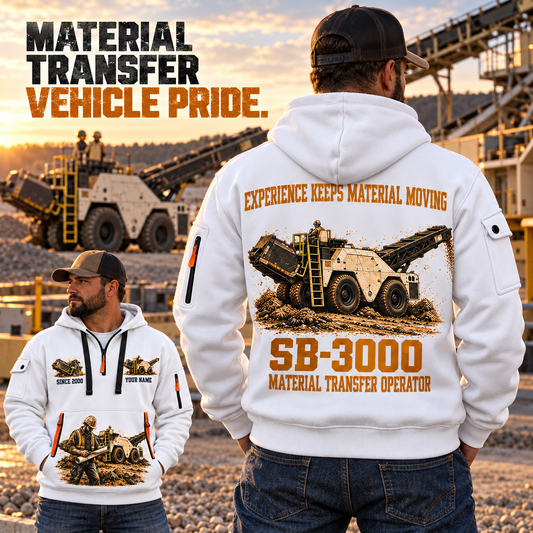 SB-3000 Material Transfer Vehicle Operator quarter zip hoodie in White, adult lifestyle portrait showing front and back artwork