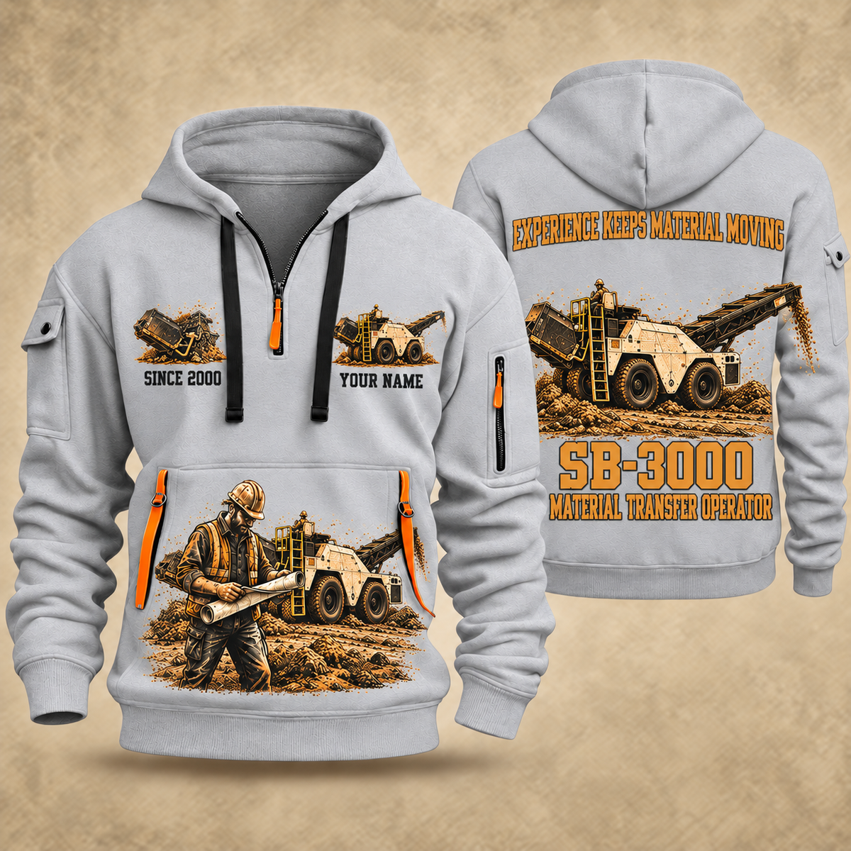 SB-3000 Material Transfer Vehicle Operator quarter zip hoodie in Light Grey, front and back views, sample YOUR NAME and SINCE 2000 artwork