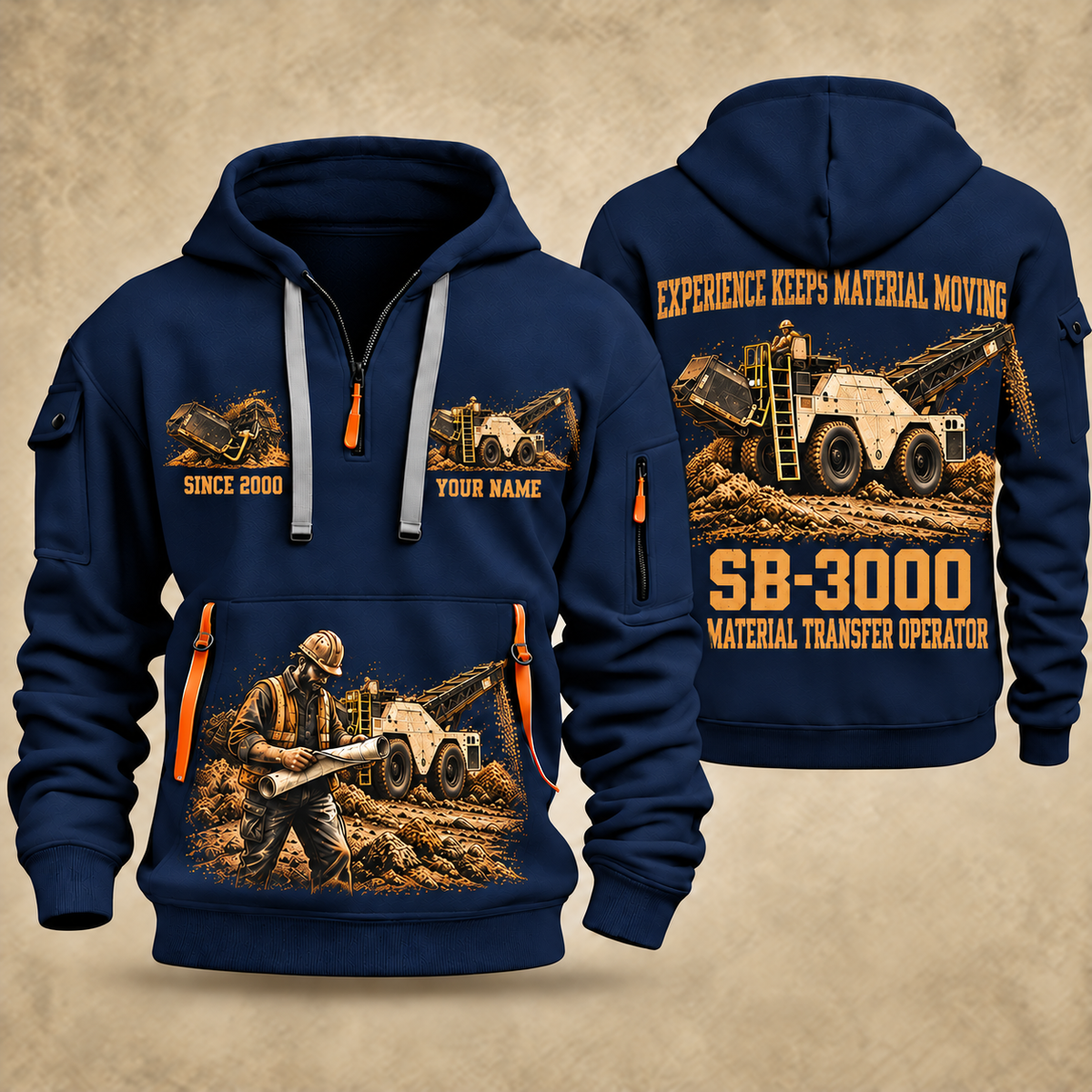 SB-3000 Material Transfer Vehicle Operator quarter zip hoodie in Navy, front and back views, sample YOUR NAME and SINCE 2000 artwork