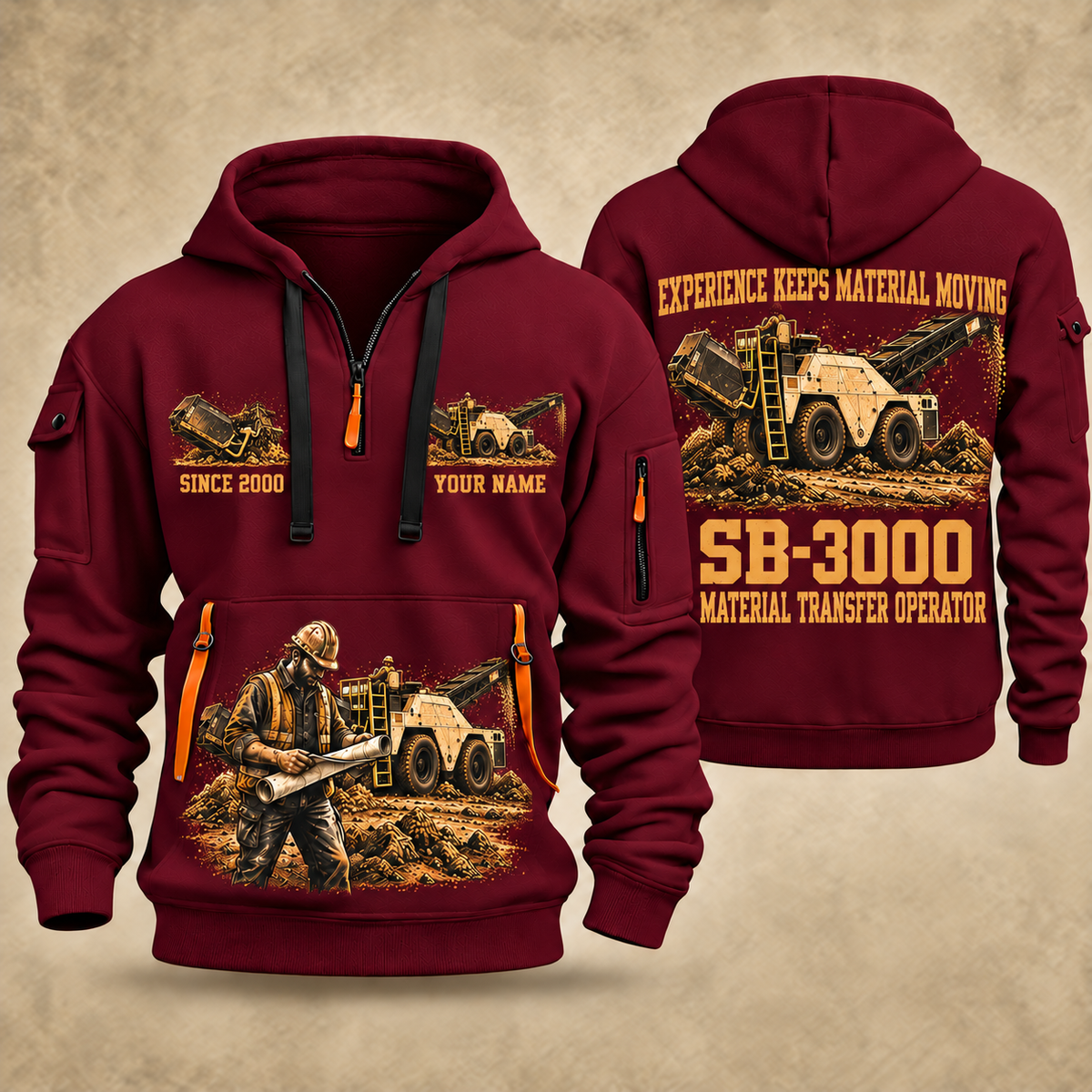 SB-3000 Material Transfer Vehicle Operator quarter zip hoodie in Wine Red, front and back views, sample YOUR NAME and SINCE 2000 artwork