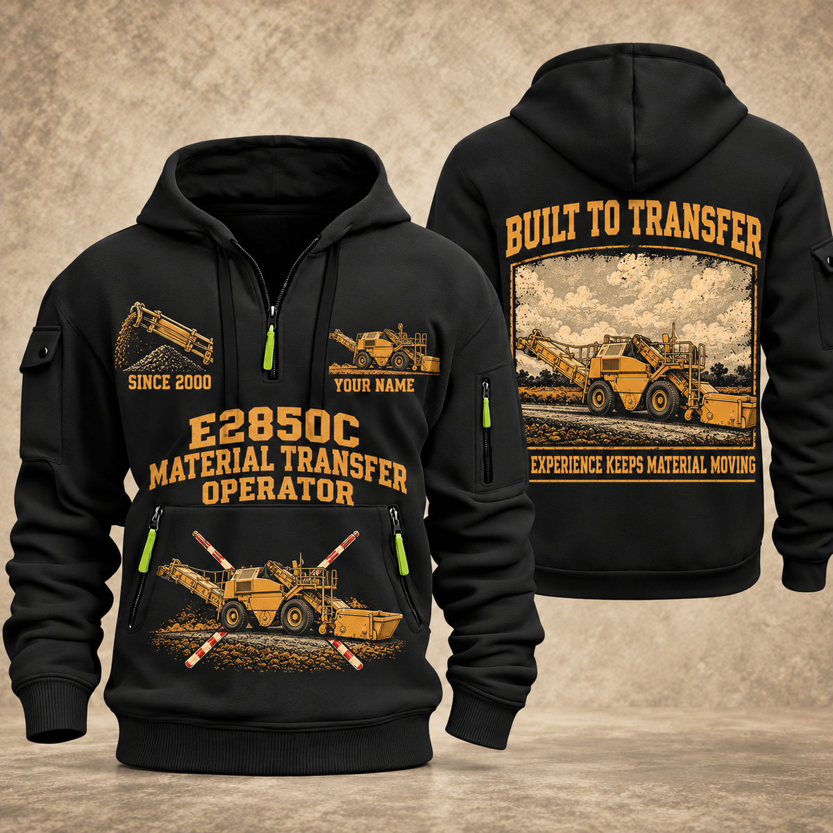 E2850C Material Transfer Vehicle Operator quarter zip hoodie in Black, front and back views, sample YOUR NAME and SINCE 2000 artwork