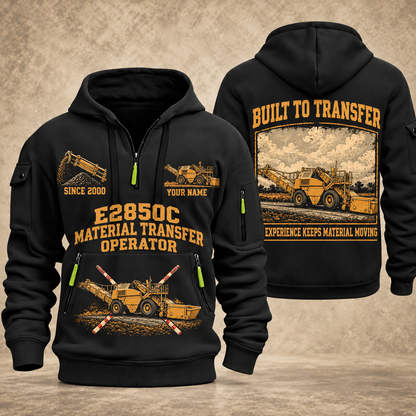 E2850C Material Transfer Vehicle Operator quarter zip hoodie in Black, front and back views, sample YOUR NAME and SINCE 2000 artwork