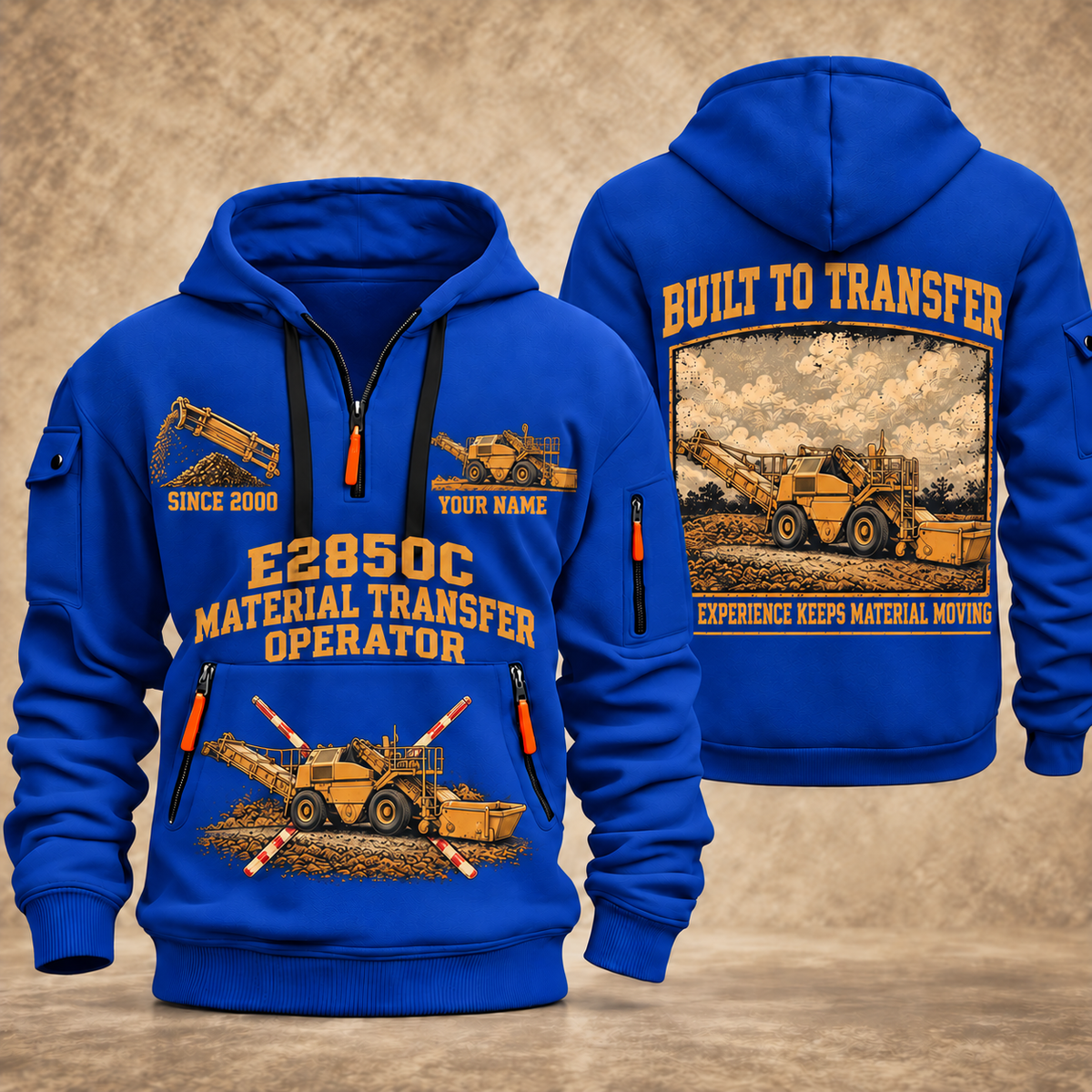 E2850C Material Transfer Vehicle Operator quarter zip hoodie in Blue, front and back views, sample YOUR NAME and SINCE 2000 artwork