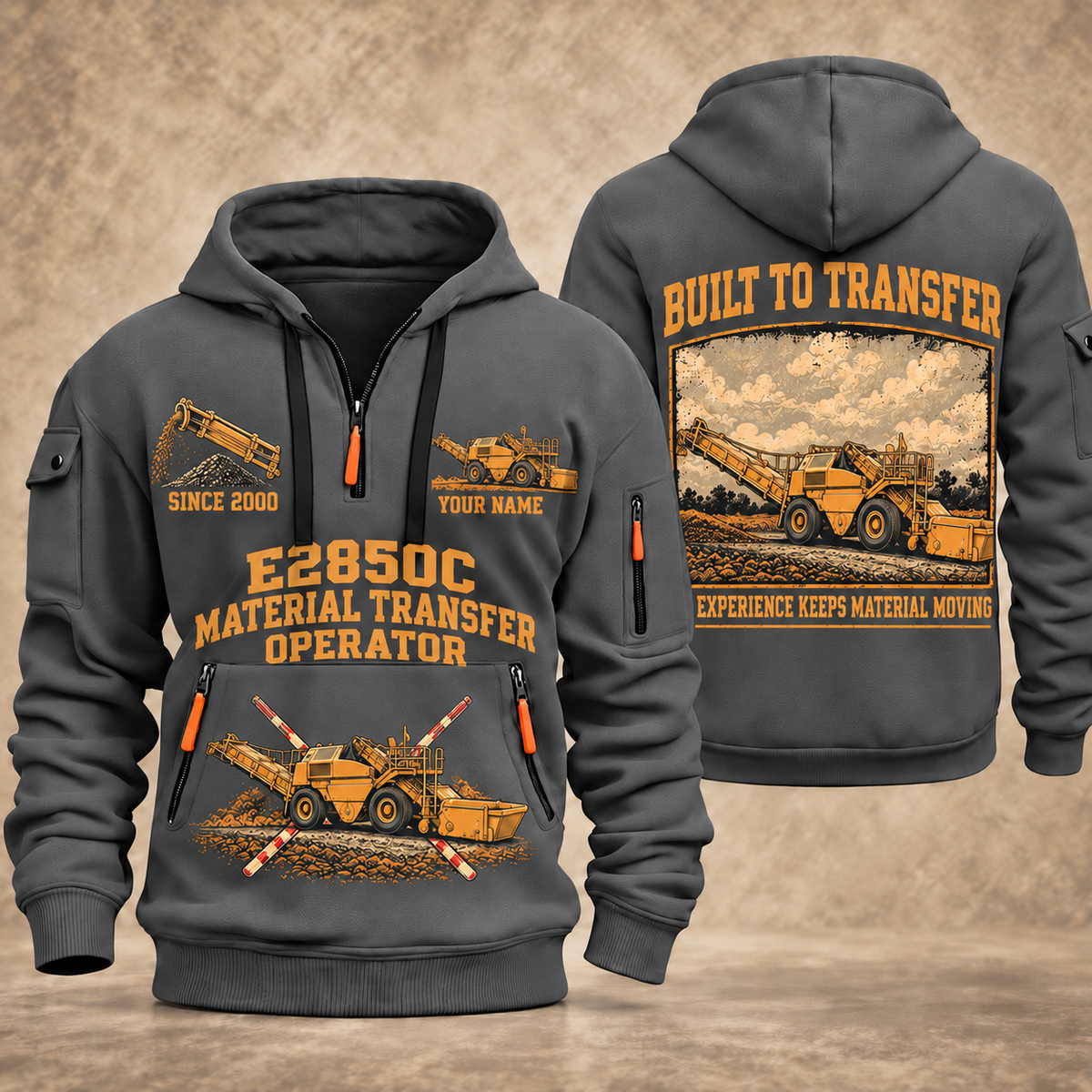 E2850C Material Transfer Vehicle Operator quarter zip hoodie in Gray, front and back views, sample YOUR NAME and SINCE 2000 artwork