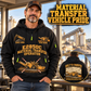 E2850C Material Transfer Vehicle Operator quarter zip hoodie in Black, adult lifestyle portrait showing front and back artwork
