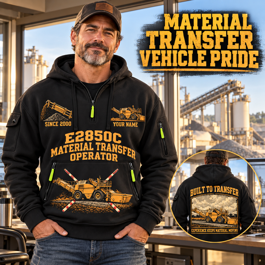 E2850C Material Transfer Vehicle Operator quarter zip hoodie in Black, adult lifestyle portrait showing front and back artwork