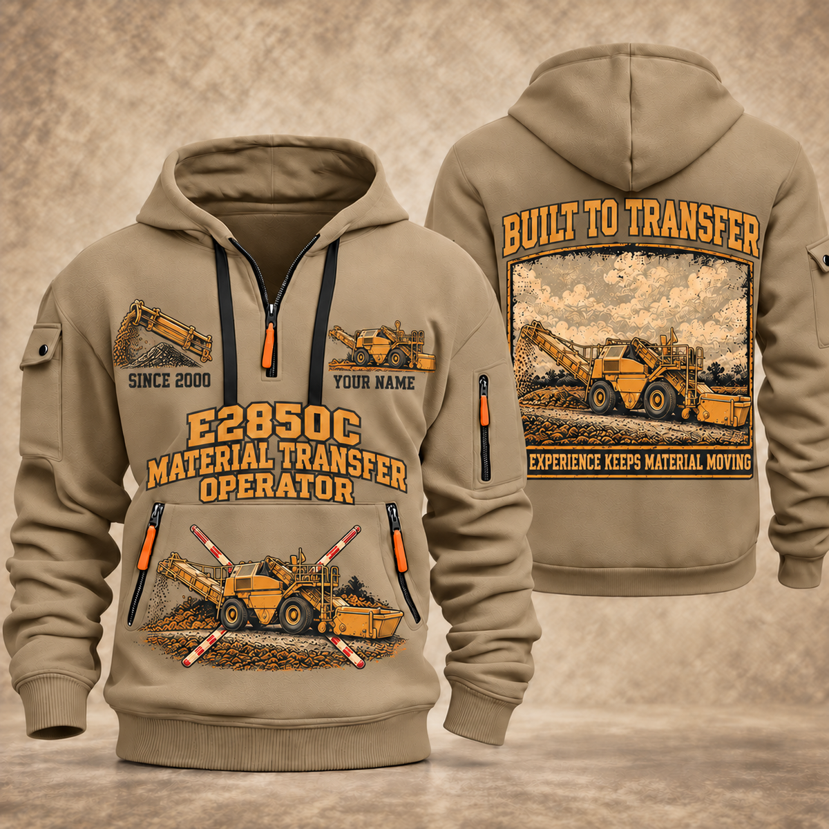 E2850C Material Transfer Vehicle Operator quarter zip hoodie in Khaki, front and back views, sample YOUR NAME and SINCE 2000 artwork