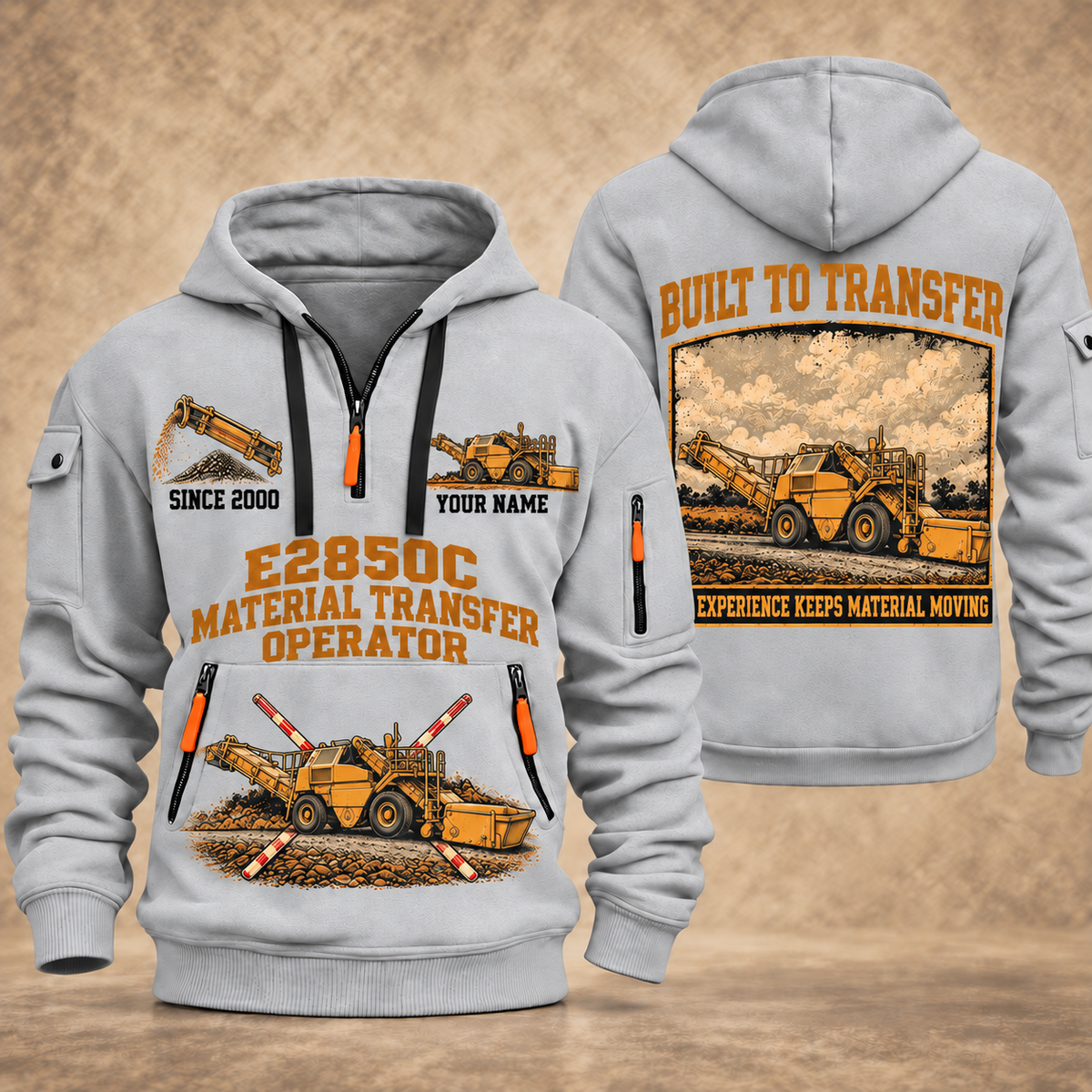 E2850C Material Transfer Vehicle Operator quarter zip hoodie in Light Grey, front and back views, sample YOUR NAME and SINCE 2000 artwork