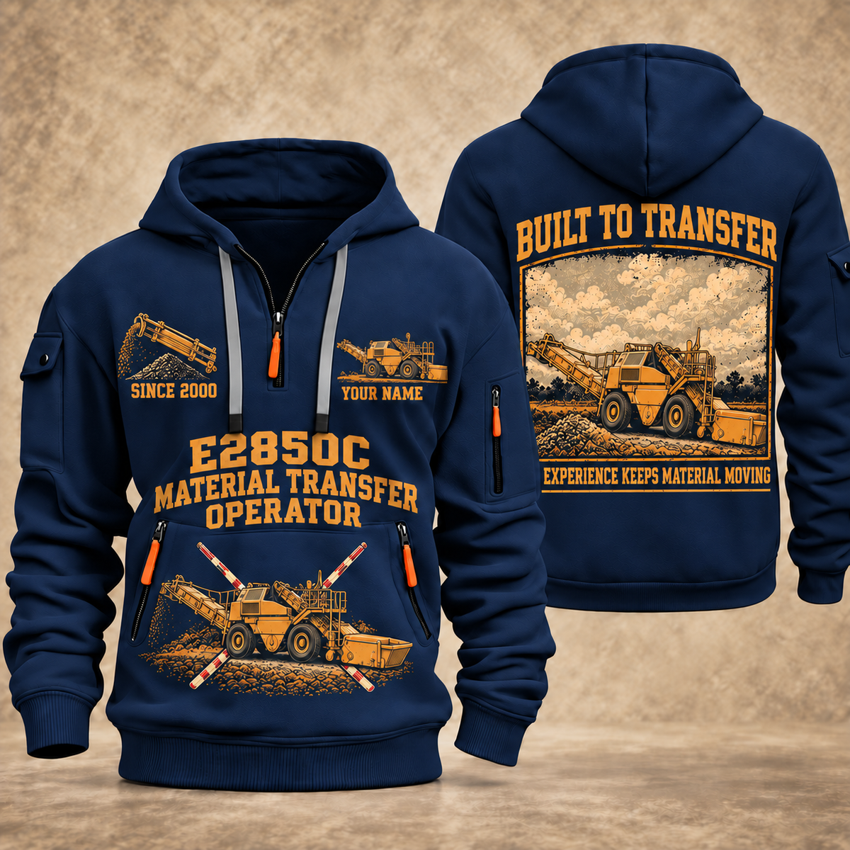 E2850C Material Transfer Vehicle Operator quarter zip hoodie in Navy, front and back views, sample YOUR NAME and SINCE 2000 artwork