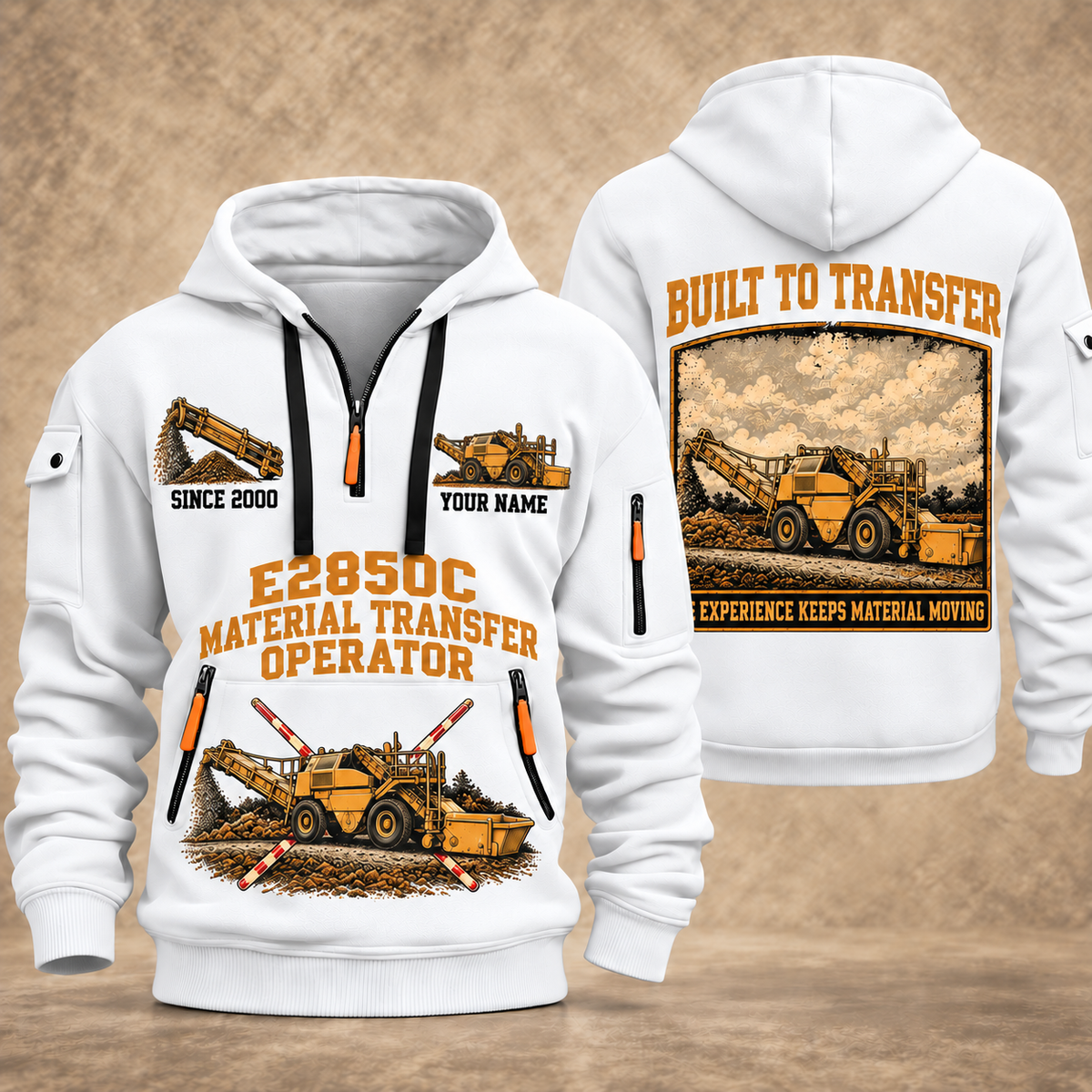 E2850C Material Transfer Vehicle Operator quarter zip hoodie in White, front and back views, sample YOUR NAME and SINCE 2000 artwork