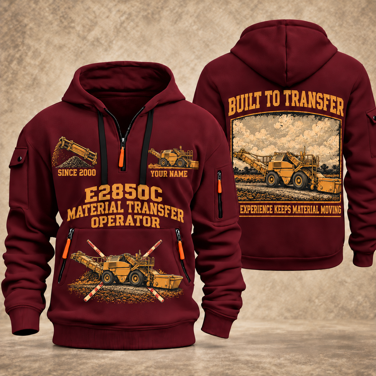 E2850C Material Transfer Vehicle Operator quarter zip hoodie in Wine Red, front and back views, sample YOUR NAME and SINCE 2000 artwork