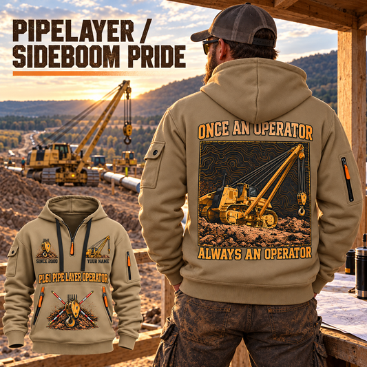 PL61 Pipelayer Operator quarter zip hoodie in Khaki, adult lifestyle portrait showing front and back artwork