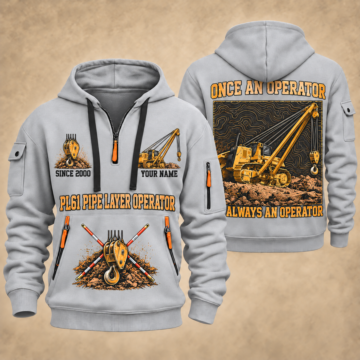 PL61 Pipelayer Operator quarter zip hoodie in Light Grey, front and back views, sample YOUR NAME and SINCE 2000 artwork