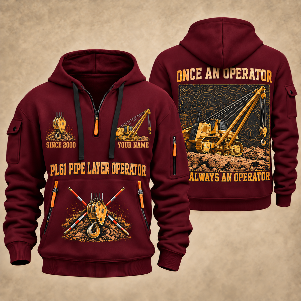 PL61 Pipelayer Operator quarter zip hoodie in Wine Red, front and back views, sample YOUR NAME and SINCE 2000 artwork