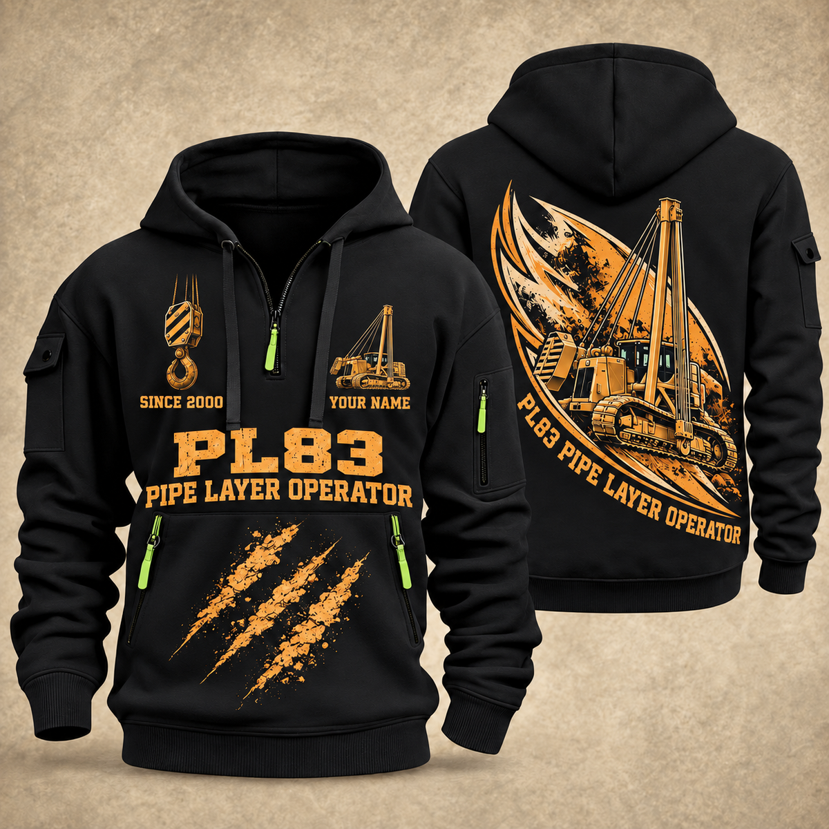 PL83 Pipelayer Operator quarter zip hoodie in Black, front and back views, sample YOUR NAME and SINCE 2000 artwork