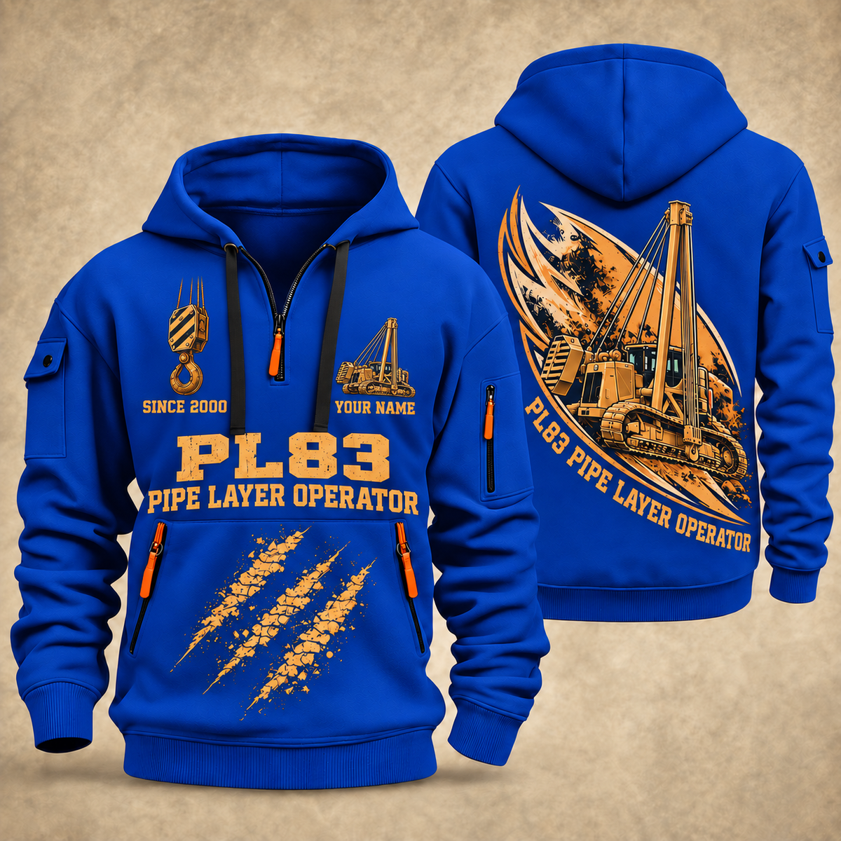 PL83 Pipelayer Operator quarter zip hoodie in Blue, front and back views, sample YOUR NAME and SINCE 2000 artwork