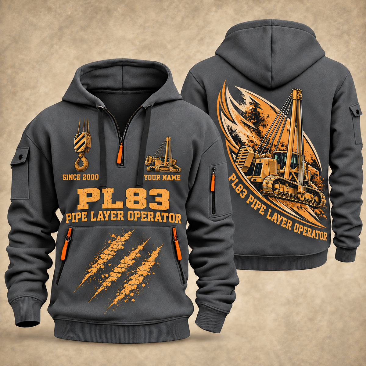 PL83 Pipelayer Operator quarter zip hoodie in Gray, front and back views, sample YOUR NAME and SINCE 2000 artwork