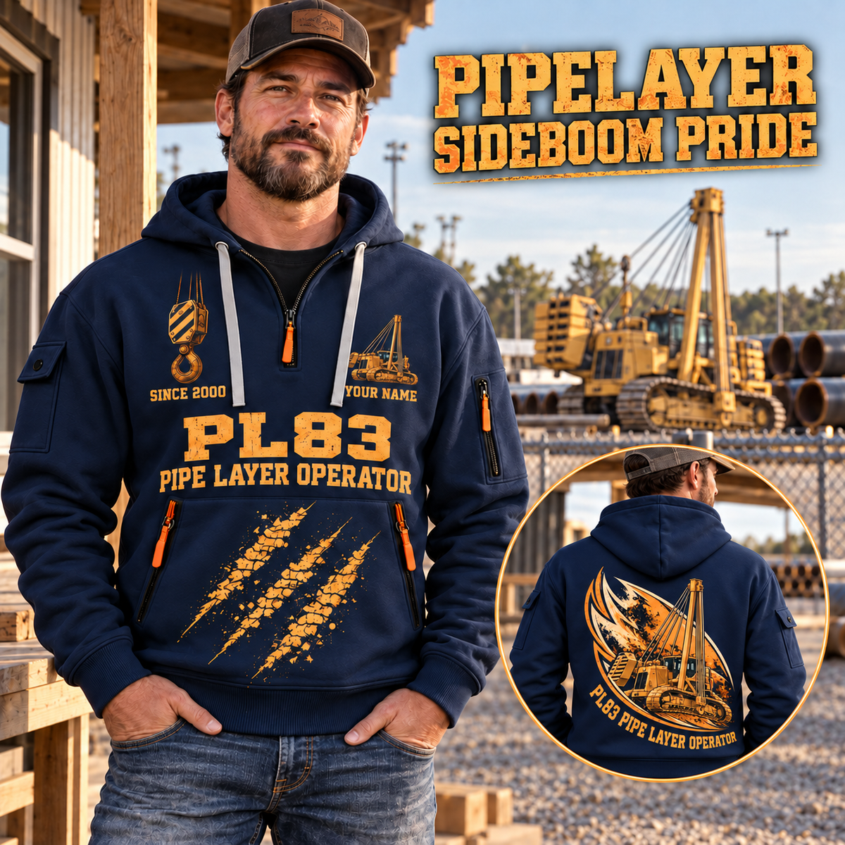 PL83 Pipelayer Operator quarter zip hoodie in Navy, adult lifestyle portrait showing front and back artwork