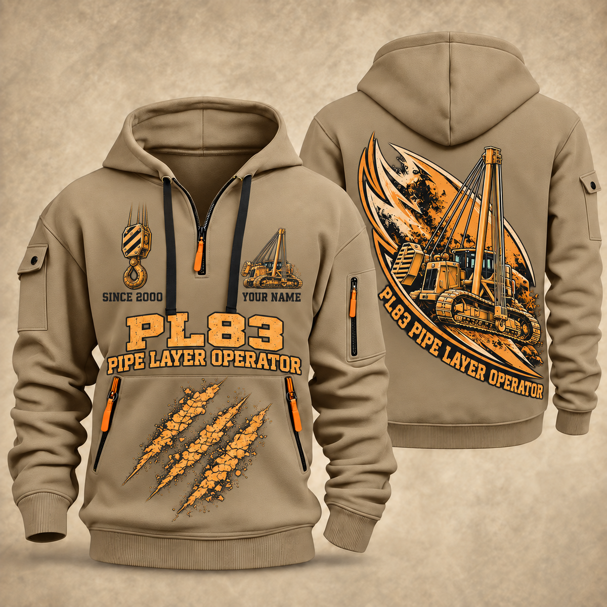 PL83 Pipelayer Operator quarter zip hoodie in Khaki, front and back views, sample YOUR NAME and SINCE 2000 artwork
