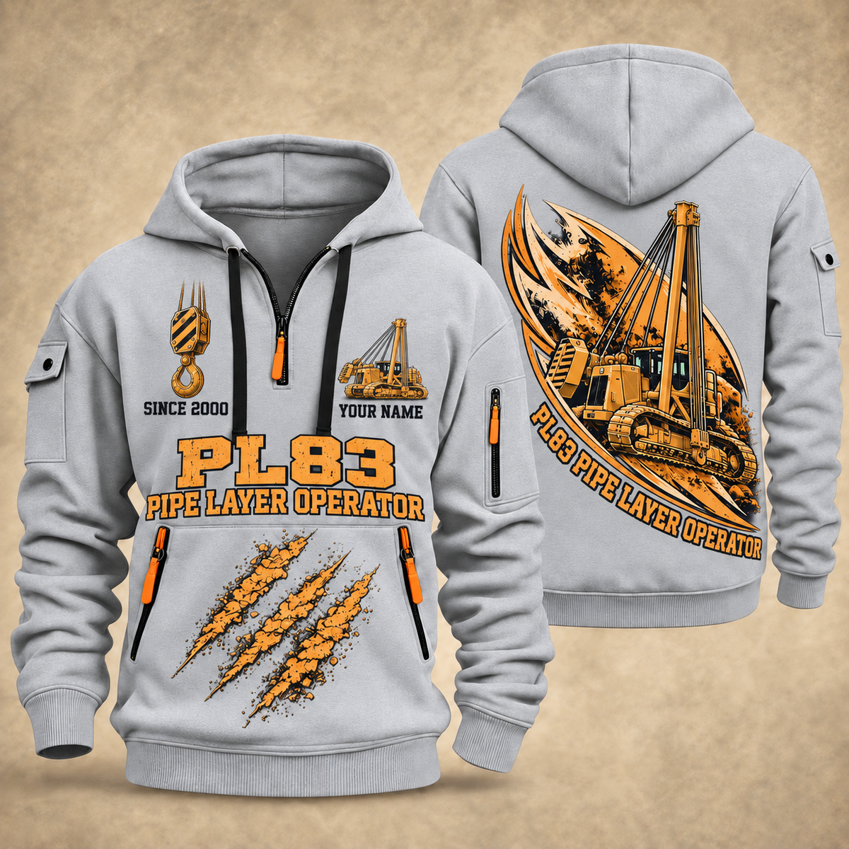 PL83 Pipelayer Operator quarter zip hoodie in Light Grey, front and back views, sample YOUR NAME and SINCE 2000 artwork