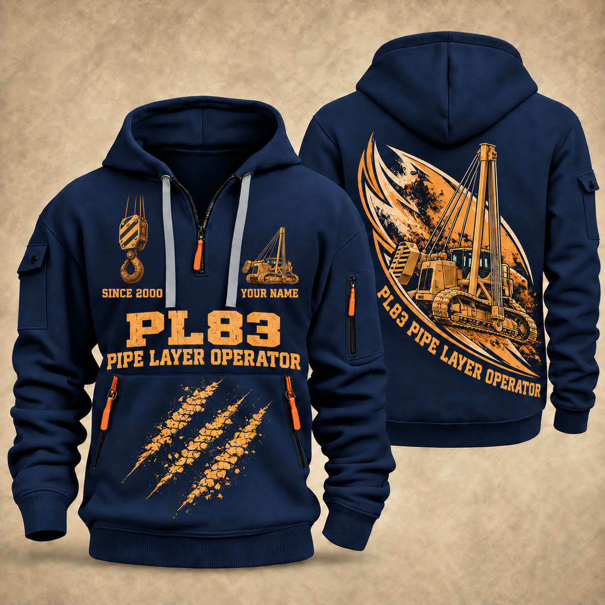PL83 Pipelayer Operator quarter zip hoodie in Navy, front and back views, sample YOUR NAME and SINCE 2000 artwork