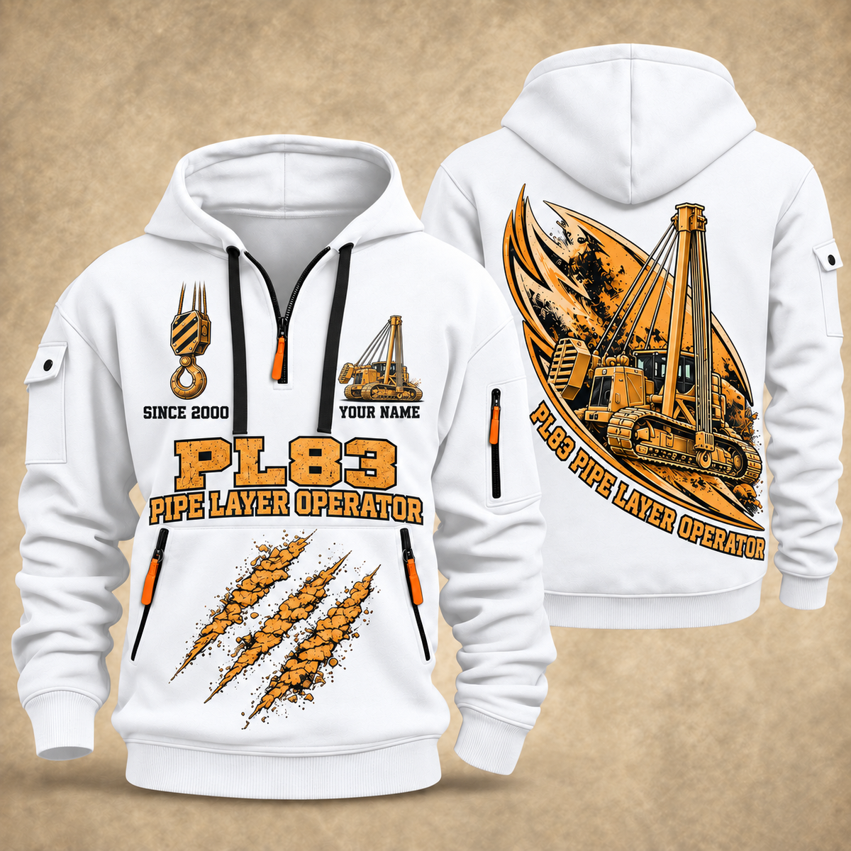 PL83 Pipelayer Operator quarter zip hoodie in White, front and back views, sample YOUR NAME and SINCE 2000 artwork