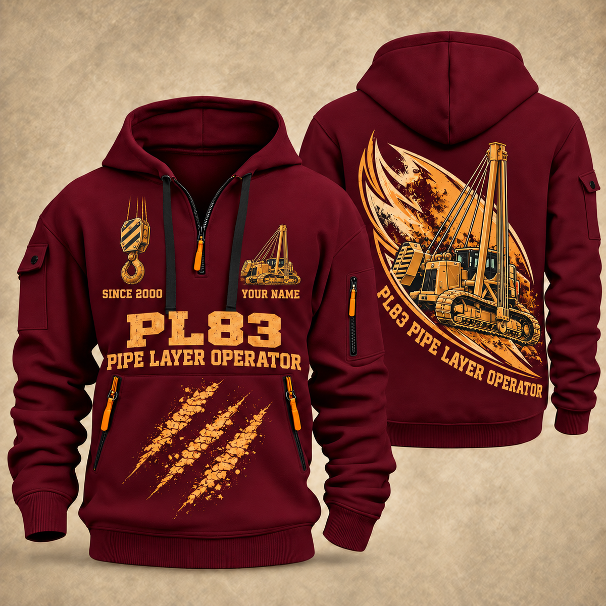 PL83 Pipelayer Operator quarter zip hoodie in Wine Red, front and back views, sample YOUR NAME and SINCE 2000 artwork
