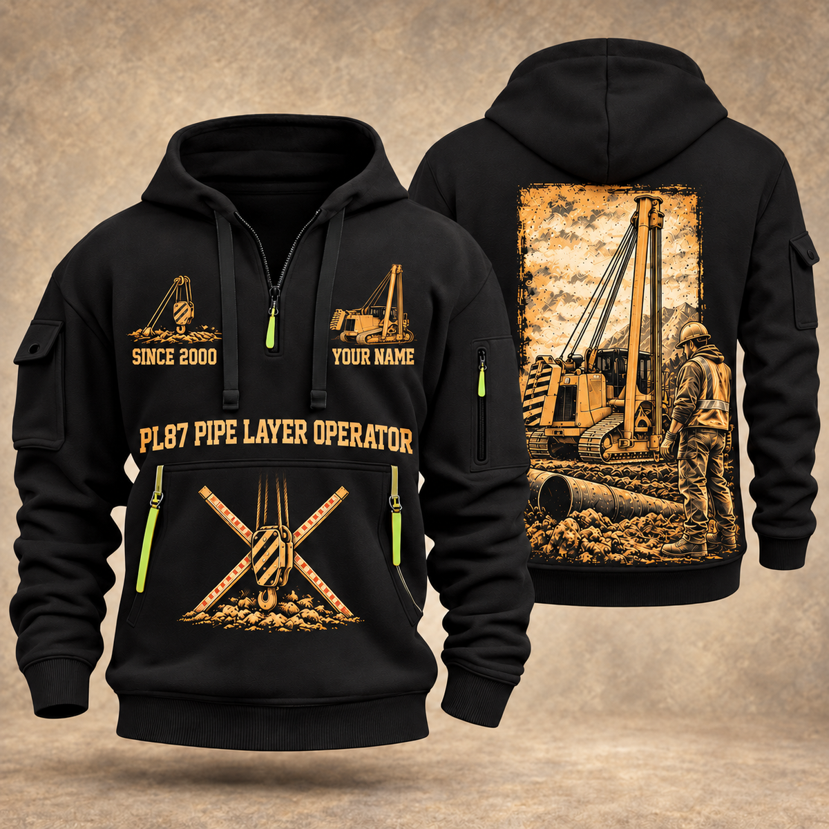PL87 Pipelayer Operator quarter zip hoodie in Black, front and back views, sample YOUR NAME and SINCE 2000 artwork