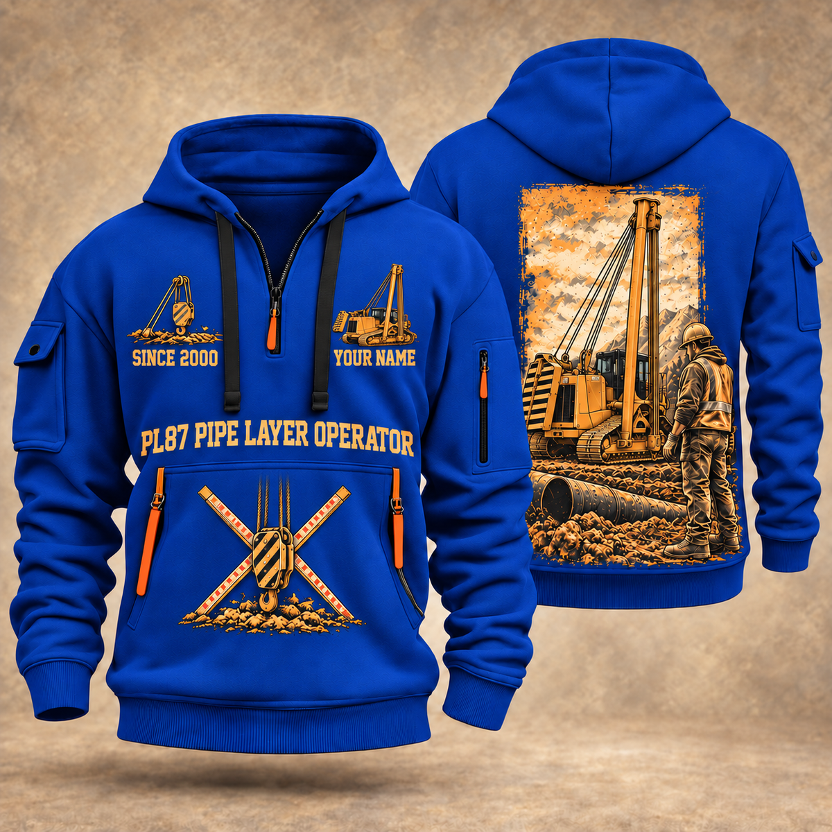PL87 Pipelayer Operator quarter zip hoodie in Blue, front and back views, sample YOUR NAME and SINCE 2000 artwork