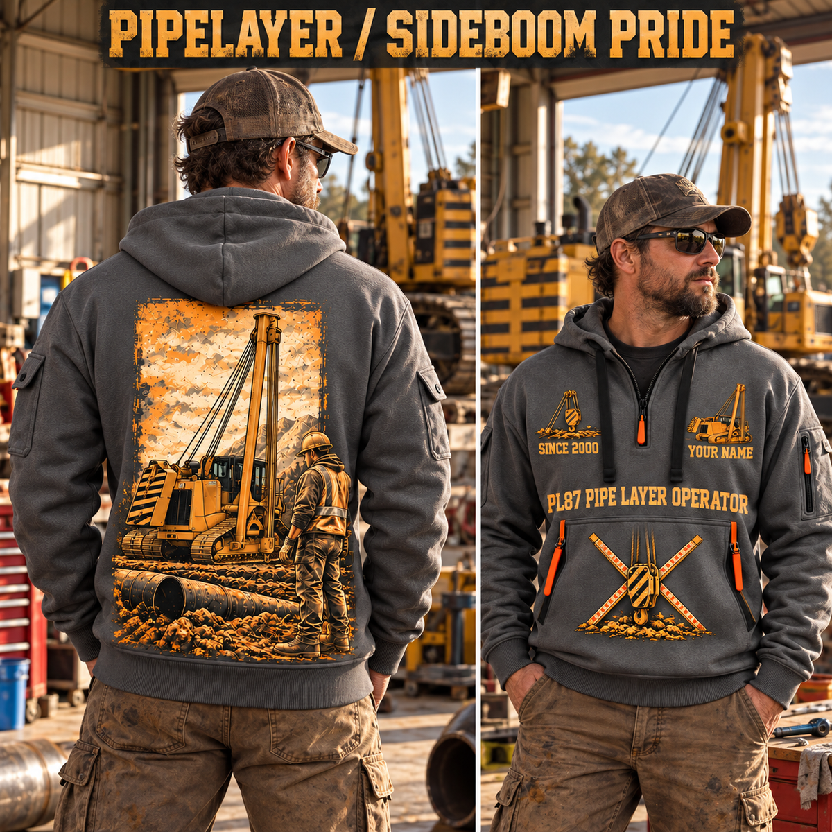 PL87 Pipelayer Operator quarter zip hoodie in Gray, adult lifestyle portrait showing front and back artwork