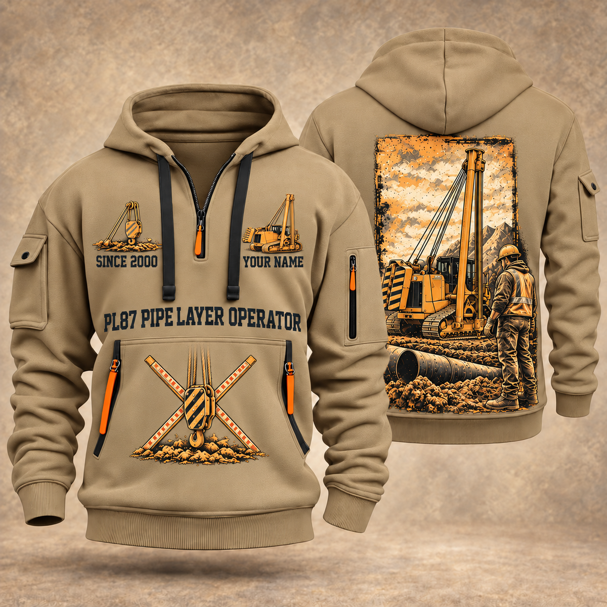 PL87 Pipelayer Operator quarter zip hoodie in Khaki, front and back views, sample YOUR NAME and SINCE 2000 artwork